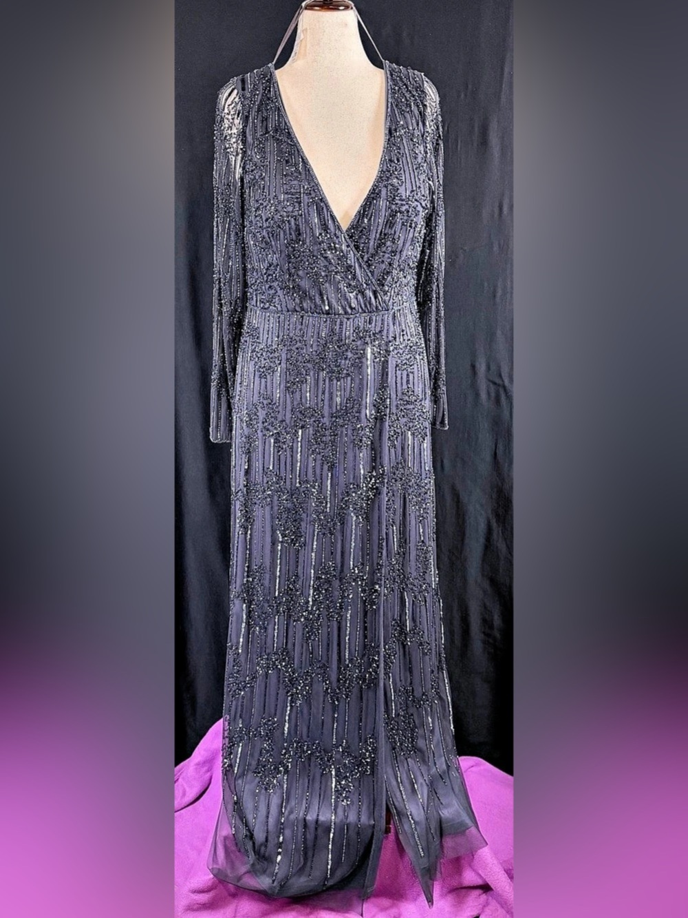 Adrianna Papell Platinum Gown Style House Of Wu 16 Beaded Maxi Black Black Tie - Picture 3 of 16